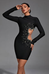 Londyn Black Long Sleeve Pearl Bodycon Dress
